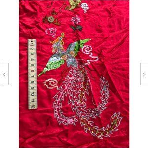 Stunning Hand Beaded Phoenix & Chinese Dragon Red Satin Fabric